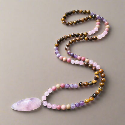 Tiger Eye, Amethyst, Rose Quartz and Rhodonite Mala with Rose Quartz Pendant – Courage and Compassion