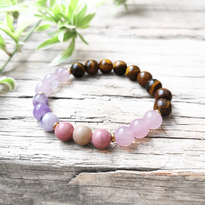 Tiger Eye, Amethyst, Rose Quartz and Rhodonite Mala with Rose Quartz Pendant – Courage and Compassion