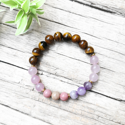 Tiger Eye, Amethyst, Rose Quartz and Rhodonite Mala with Rose Quartz Pendant – Courage and Compassion