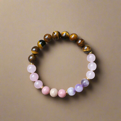 Tiger Eye, Amethyst, Rose Quartz and Rhodonite Mala with Rose Quartz Pendant – Courage and Compassion