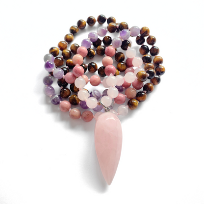 Tiger Eye, Amethyst, Rose Quartz and Rhodonite Mala with Rose Quartz Pendant – Courage and Compassion