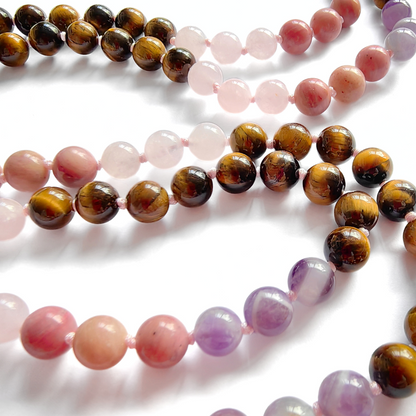 Tiger Eye, Amethyst, Rose Quartz and Rhodonite Mala with Rose Quartz Pendant – Courage and Compassion