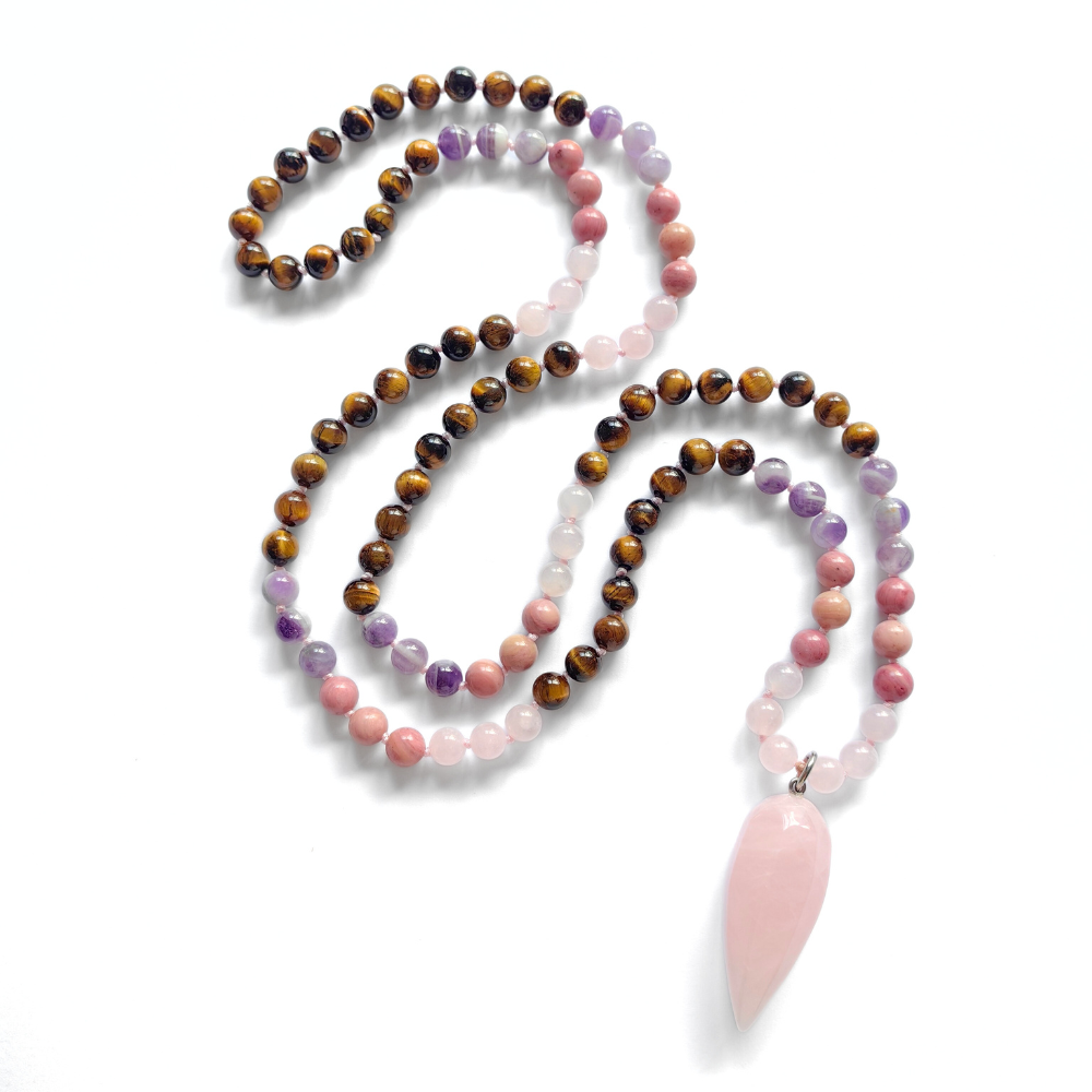 Tiger Eye, Amethyst, Rose Quartz and Rhodonite Mala with Rose Quartz Pendant – Courage and Compassion