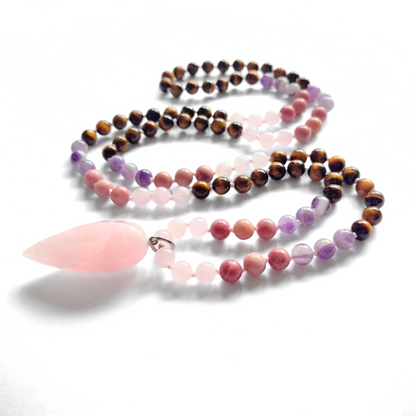 Tiger Eye, Amethyst, Rose Quartz and Rhodonite Mala with Rose Quartz Pendant – Courage and Compassion