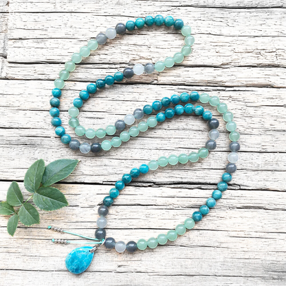 Apatite, Green Aventurine and Gray Onyx Mala Bead Necklace - Clarity & Prosperity