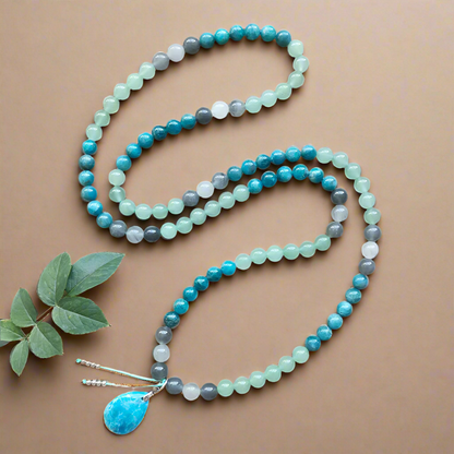 Apatite, Green Aventurine and Gray Onyx Mala Bead Necklace - Clarity & Prosperity