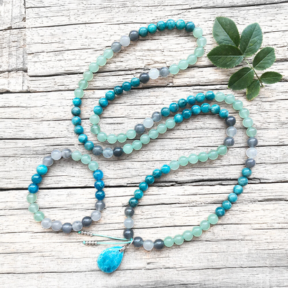 Apatite, Green Aventurine and Gray Onyx Mala Bead Necklace - Clarity & Prosperity