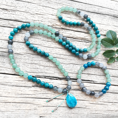 Apatite, Green Aventurine and Gray Onyx Mala Bead Necklace - Clarity & Prosperity