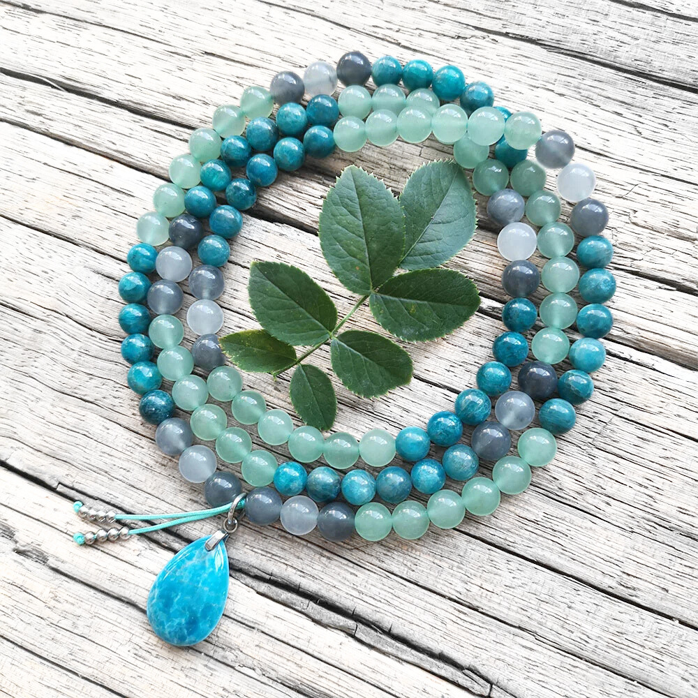 Apatite, Green Aventurine and Gray Onyx Mala Bead Necklace - Clarity & Prosperity