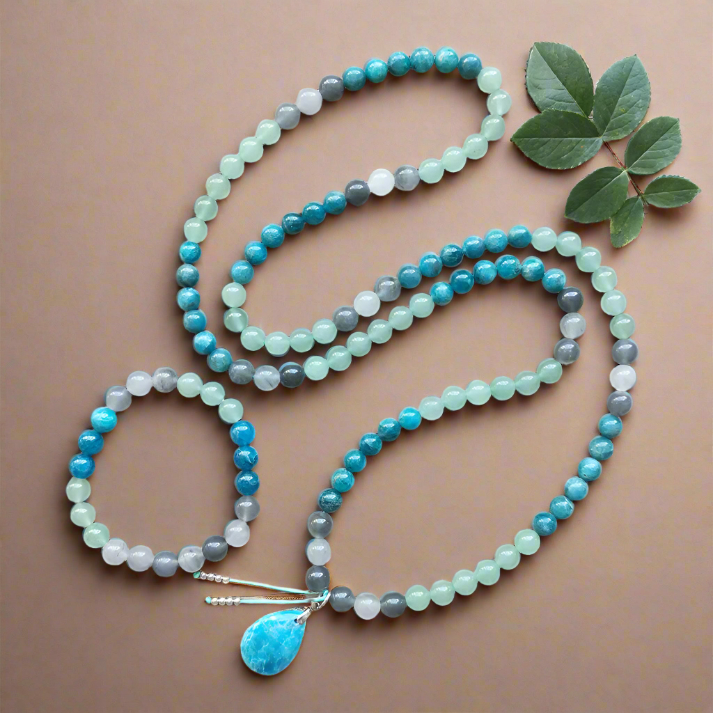 Apatite, Green Aventurine and Gray Onyx Mala Bead Necklace - Clarity & Prosperity