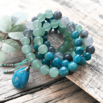 Apatite, Green Aventurine and Gray Onyx Mala Bead Necklace - Clarity & Prosperity