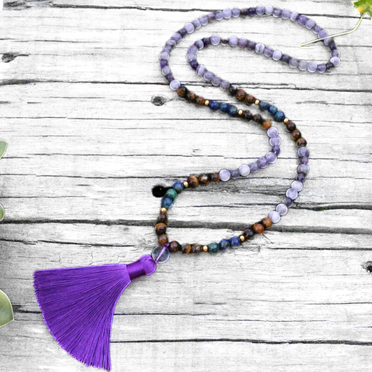 Amethyst, Tiger Eye and Chrysocolla Mala Necklace - Balance & Wisdom