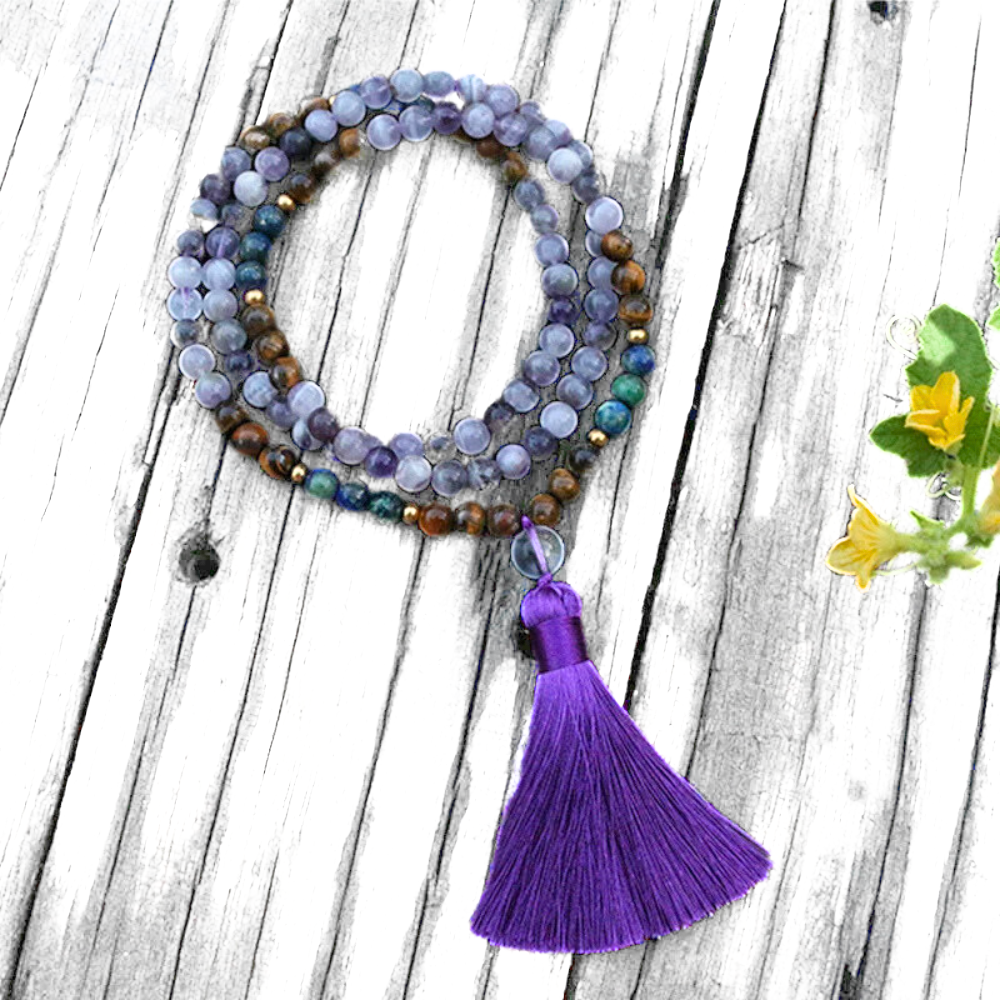 Amethyst, Tiger Eye and Chrysocolla Mala Necklace - Balance & Wisdom