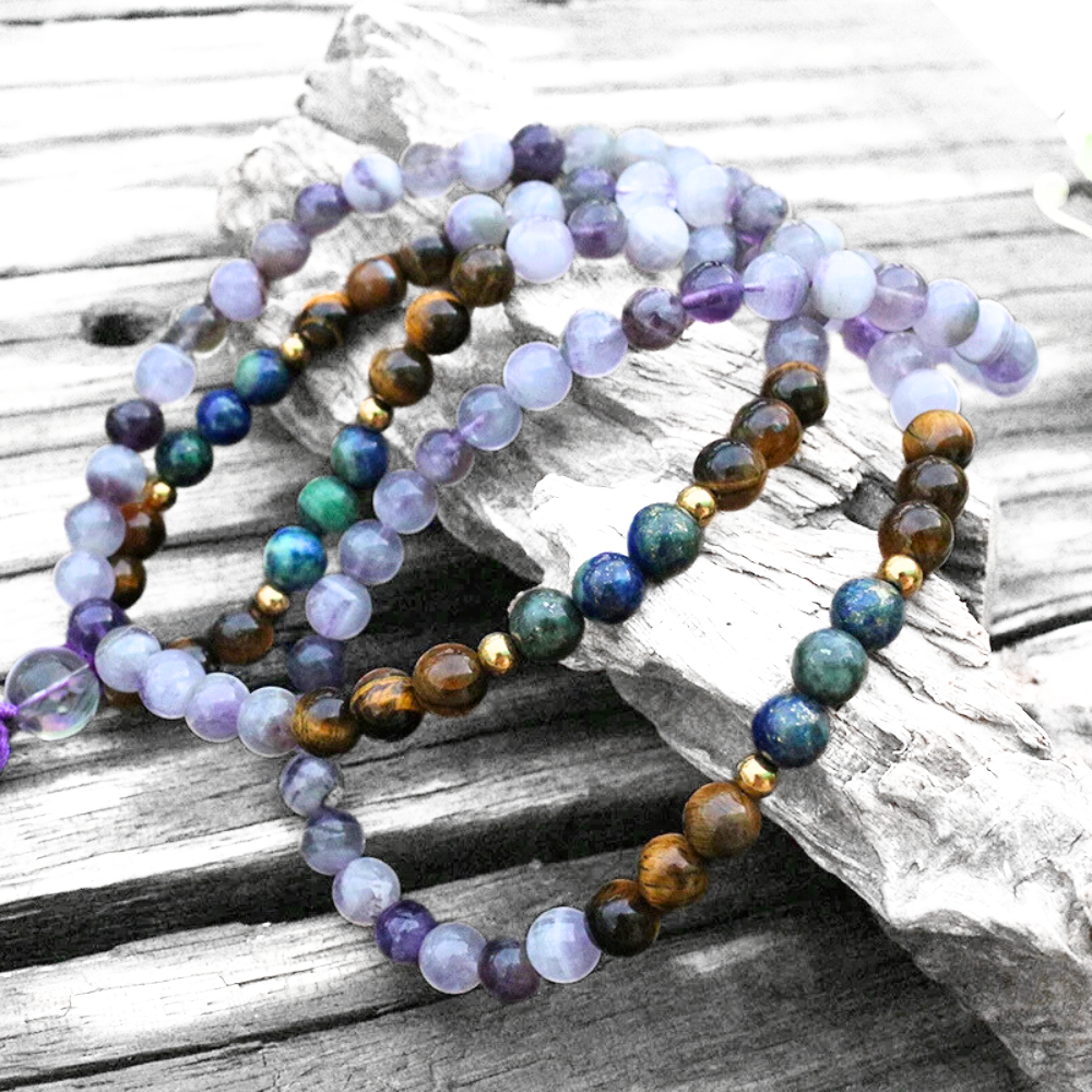 Amethyst, Tiger Eye and Chrysocolla Mala Necklace - Balance & Wisdom