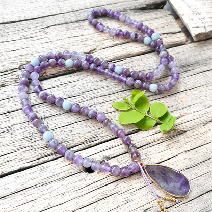 Amethyst Mala Bead Necklace With Pendant – Calmness and Chakra Balance