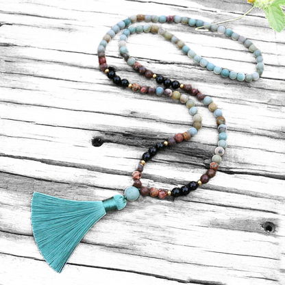 Amazonite, Black Onyx and Red Howlite Mala Necklace - Balance & Protection