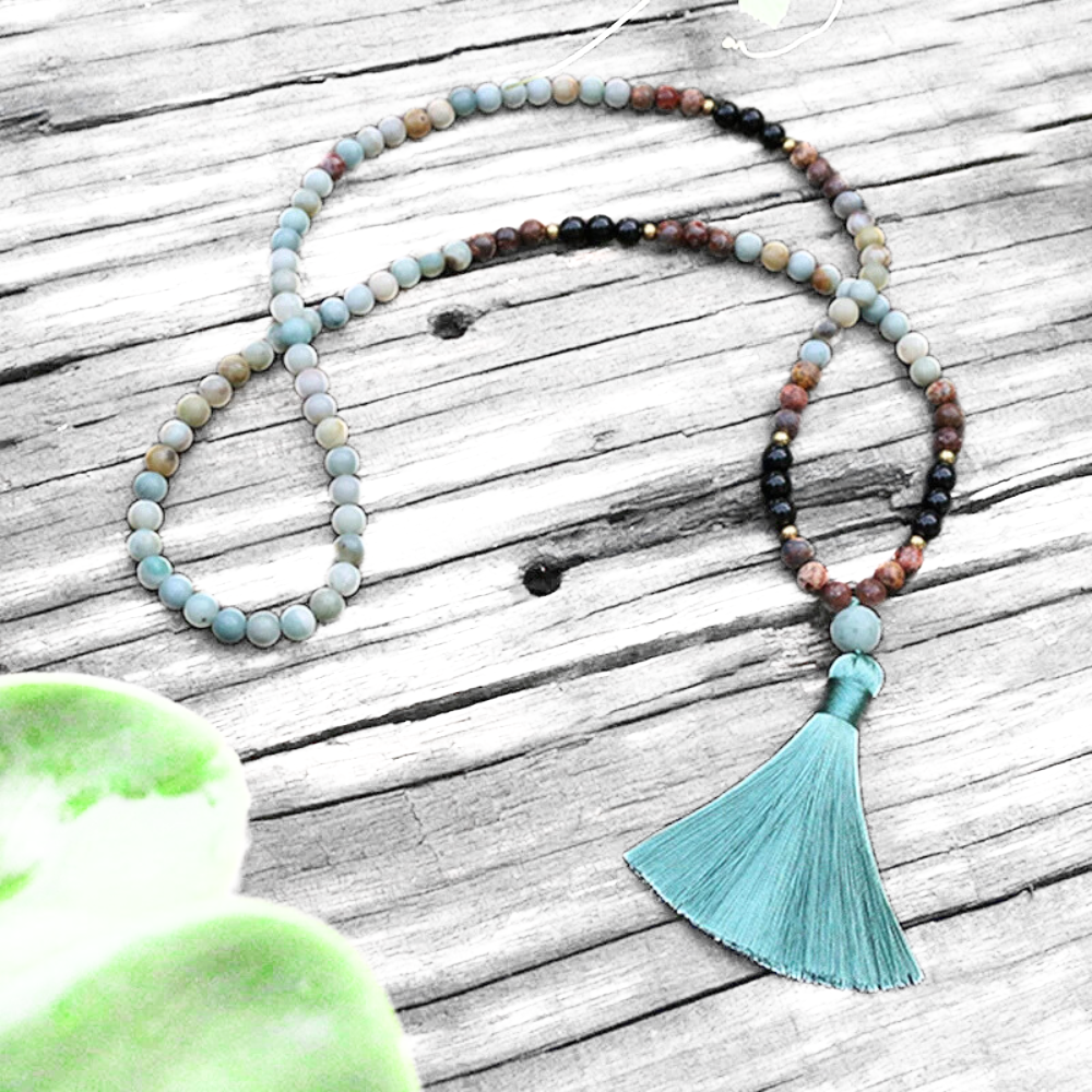 Amazonite, Black Onyx and Red Howlite Mala Necklace - Balance & Protection