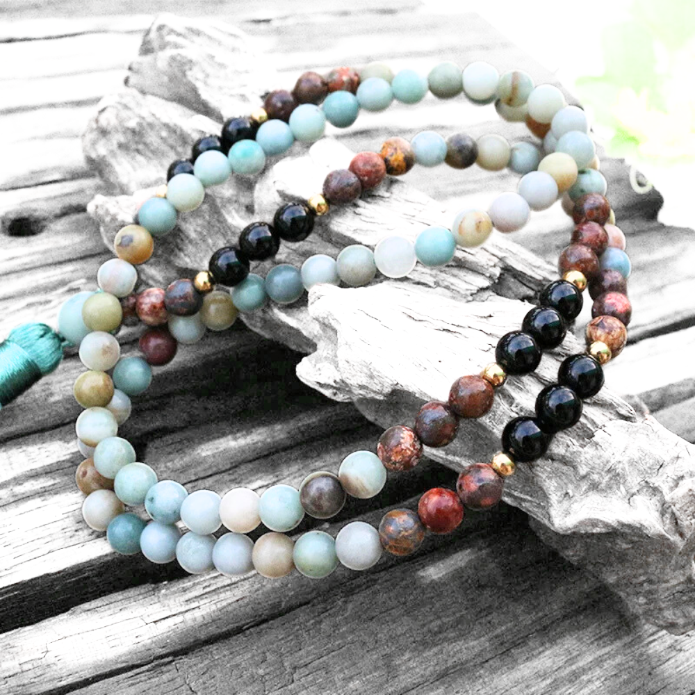 Amazonite, Black Onyx and Red Howlite Mala Necklace - Balance & Protection