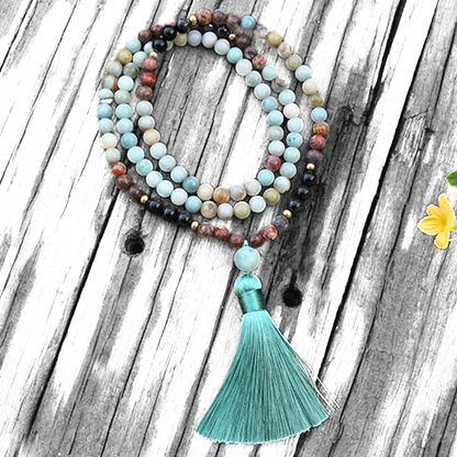 Amazonite, Black Onyx and Red Howlite Mala Necklace - Balance & Protection