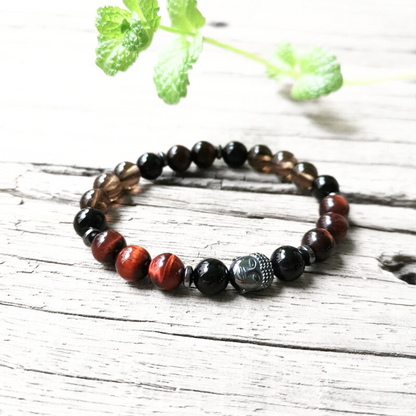 Red Tiger Eye, Black Onyx and Smokey Quartz Mala Necklace - Protection & Strength