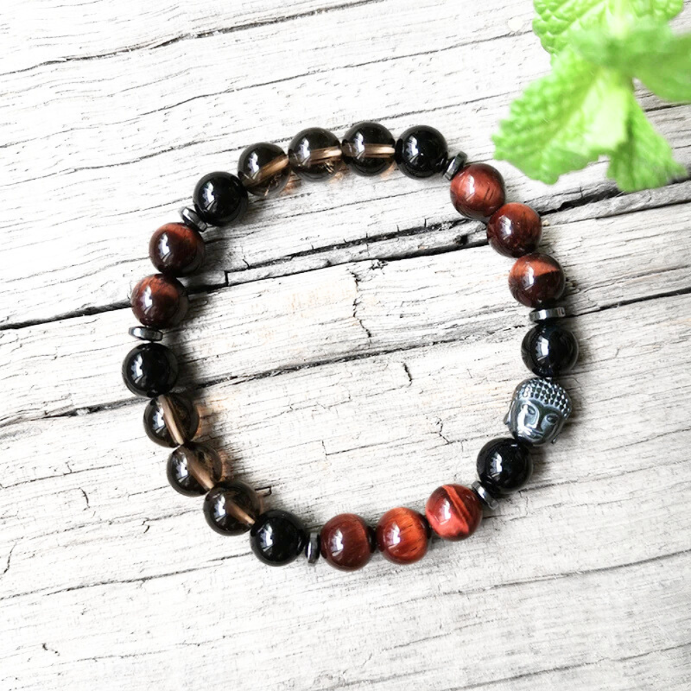 Red Tiger Eye, Black Onyx and Smokey Quartz Mala Necklace - Protection & Strength