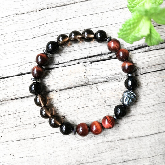 Red Tiger Eye, Black Onyx and Smoky Quartz Bracelet – Protection & Strength