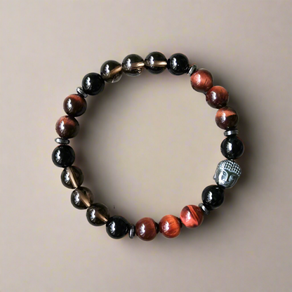 Red Tiger Eye, Black Onyx and Smokey Quartz Mala Necklace - Protection & Strength