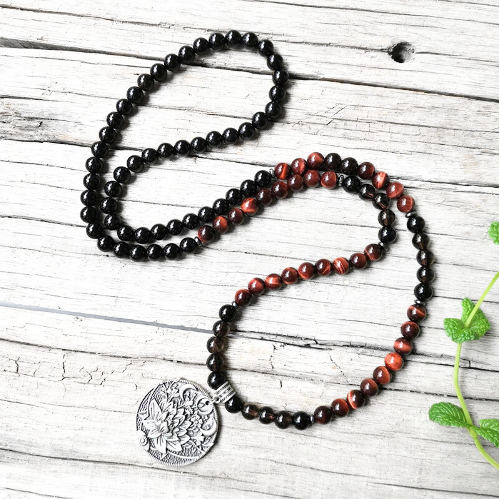 Red Tiger Eye, Black Onyx and Smokey Quartz Mala Necklace - Protection & Strength