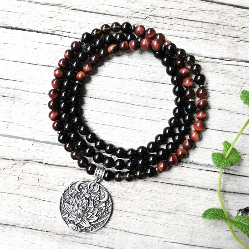 Red Tiger Eye, Black Onyx and Smokey Quartz Mala Necklace - Protection & Strength