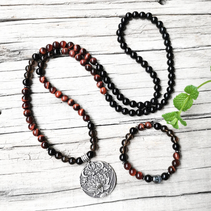 Red Tiger Eye, Black Onyx and Smokey Quartz Mala Necklace - Protection & Strength