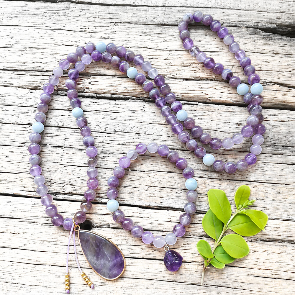 Amethyst Mala Bead Necklace With Pendant – Calmness and Chakra Balance