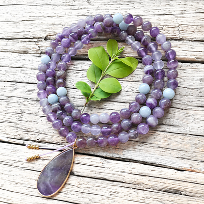 Amethyst Mala Bead Necklace With Pendant – Calmness and Chakra Balance