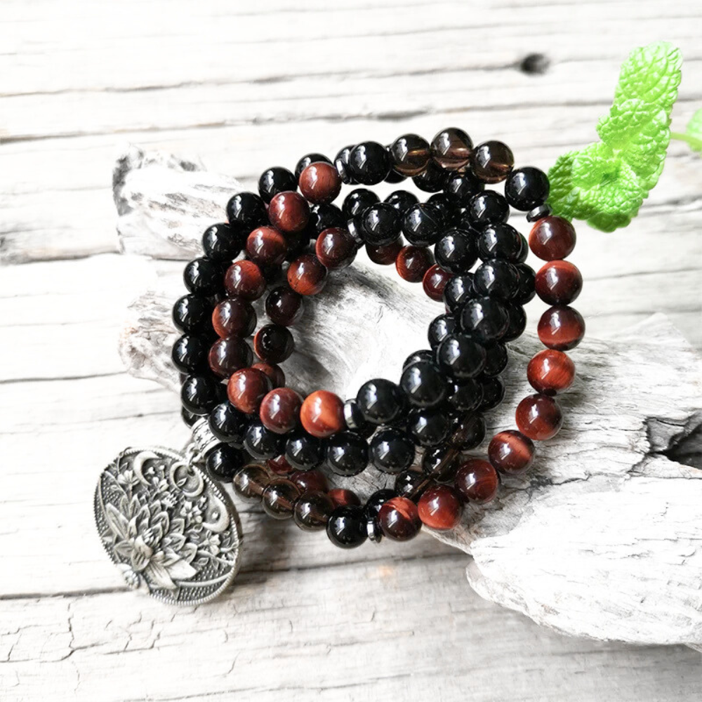 Red Tiger Eye, Black Onyx and Smokey Quartz Mala Necklace - Protection & Strength