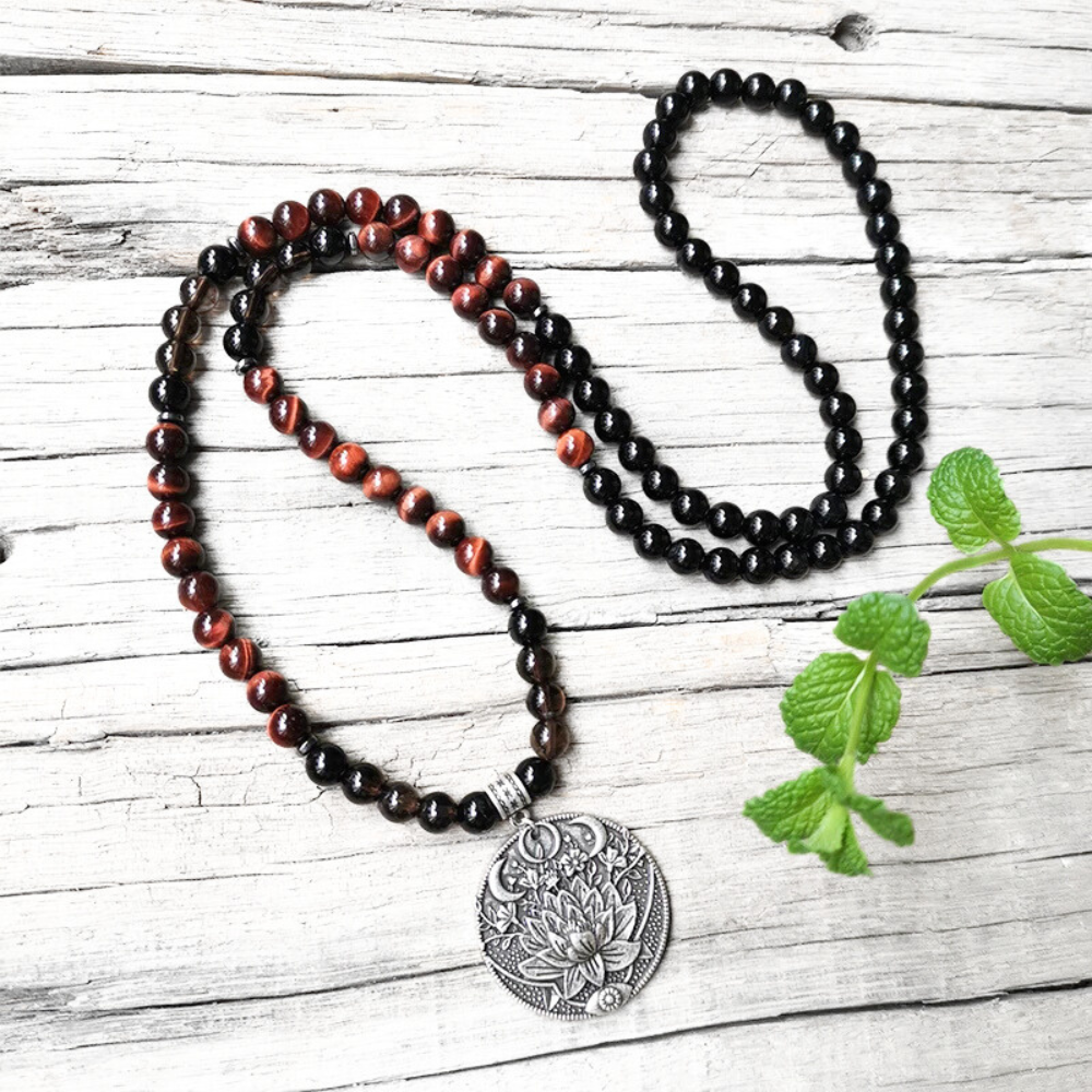 Red Tiger Eye, Black Onyx and Smokey Quartz Mala Necklace - Protection & Strength