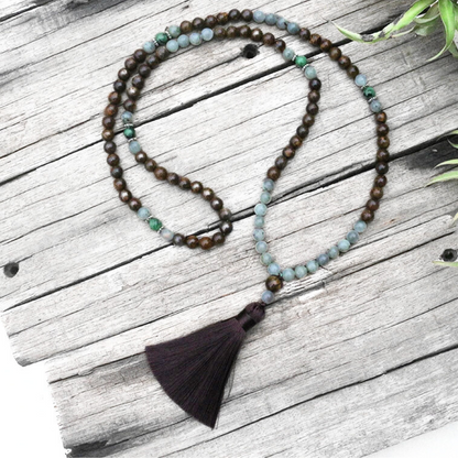 Bronzite, Labradorite, Tiger Eye and Ruby Zoisite Mala Necklace - Grounding & Empowerment