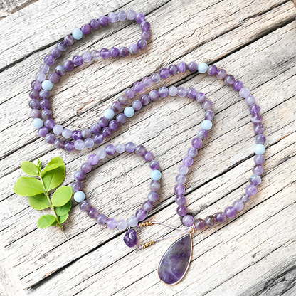 Amethyst Mala Bead Necklace With Pendant – Calmness and Chakra Balance