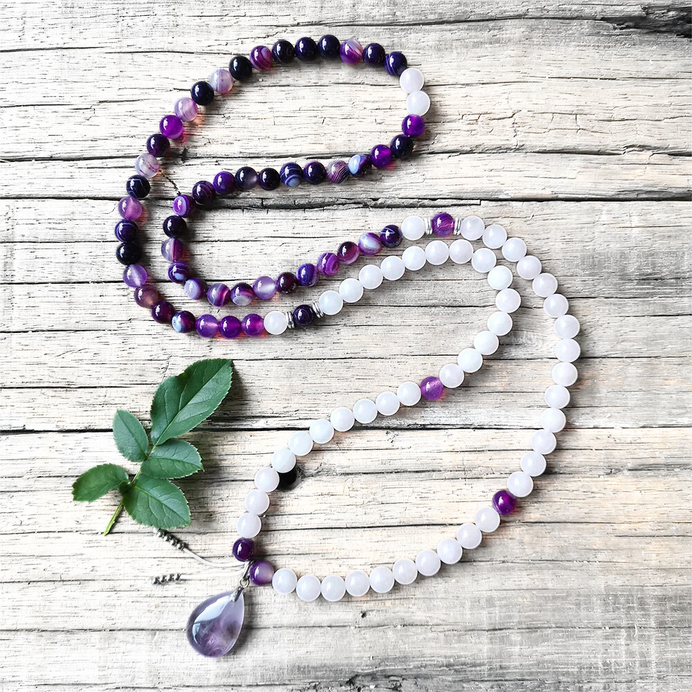 Purple Stripe Onyx, Rose Quartz and Amethyst Mala Necklace - Love & Strength