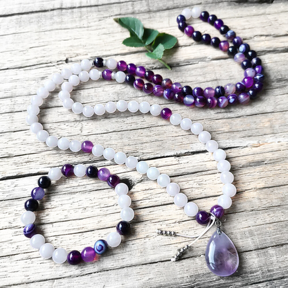 Purple Stripe Onyx, Rose Quartz and Amethyst Mala Necklace - Love & Strength