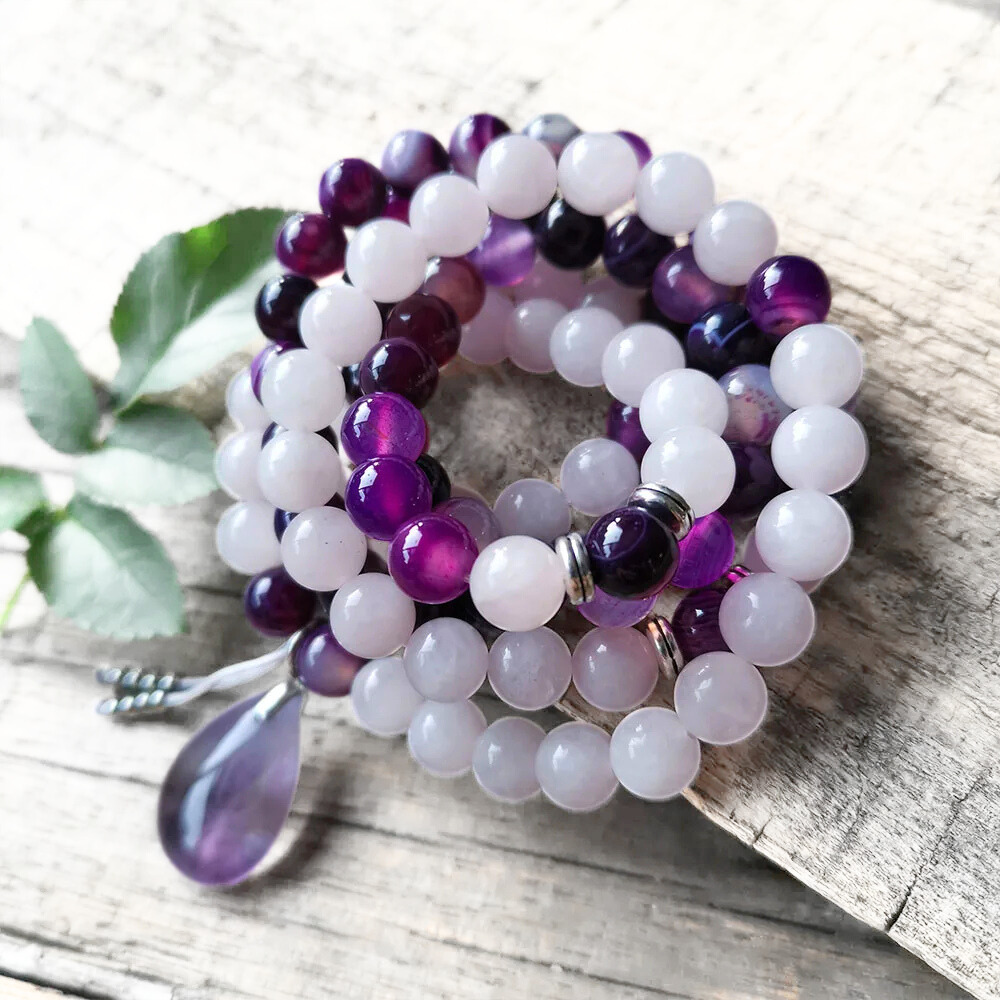 Purple Stripe Onyx, Rose Quartz and Amethyst Mala Necklace - Love & Strength