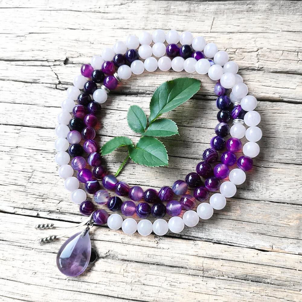 Purple Stripe Onyx, Rose Quartz and Amethyst Mala Necklace - Love & Strength