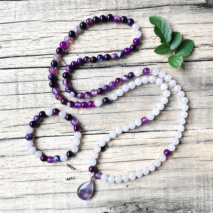 Purple Stripe Onyx, Rose Quartz and Amethyst Mala Necklace - Love & Strength