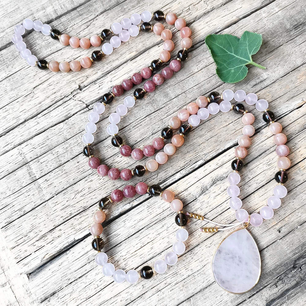 Rose Quartz, Sunstone, Strawberry Quartz & Smoky Quartz Mala Necklace  – Emotional Balance & Inner Strength