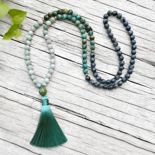 Lucky Jasper, African Turquoise, and Larvikite Mala Necklace – Harmony and Balance