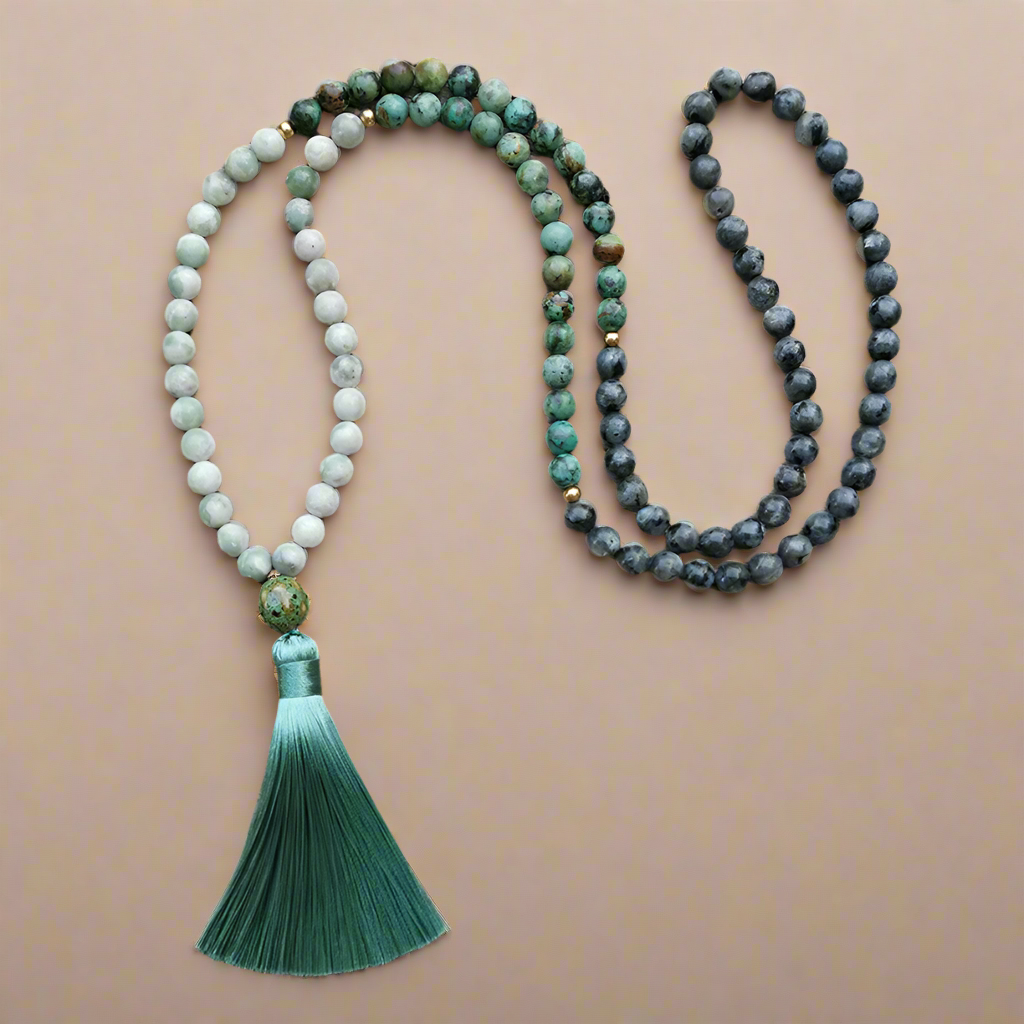 Lucky Jasper, African Turquoise, and Larvikite Mala Necklace – Harmony and Balance