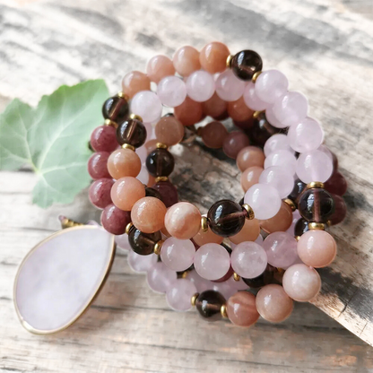 Rose Quartz, Sunstone, Strawberry Quartz & Smoky Quartz Mala Necklace  – Emotional Balance & Inner Strength