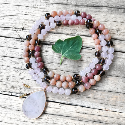 Rose Quartz, Sunstone, Strawberry Quartz & Smoky Quartz Mala Necklace  – Emotional Balance & Inner Strength