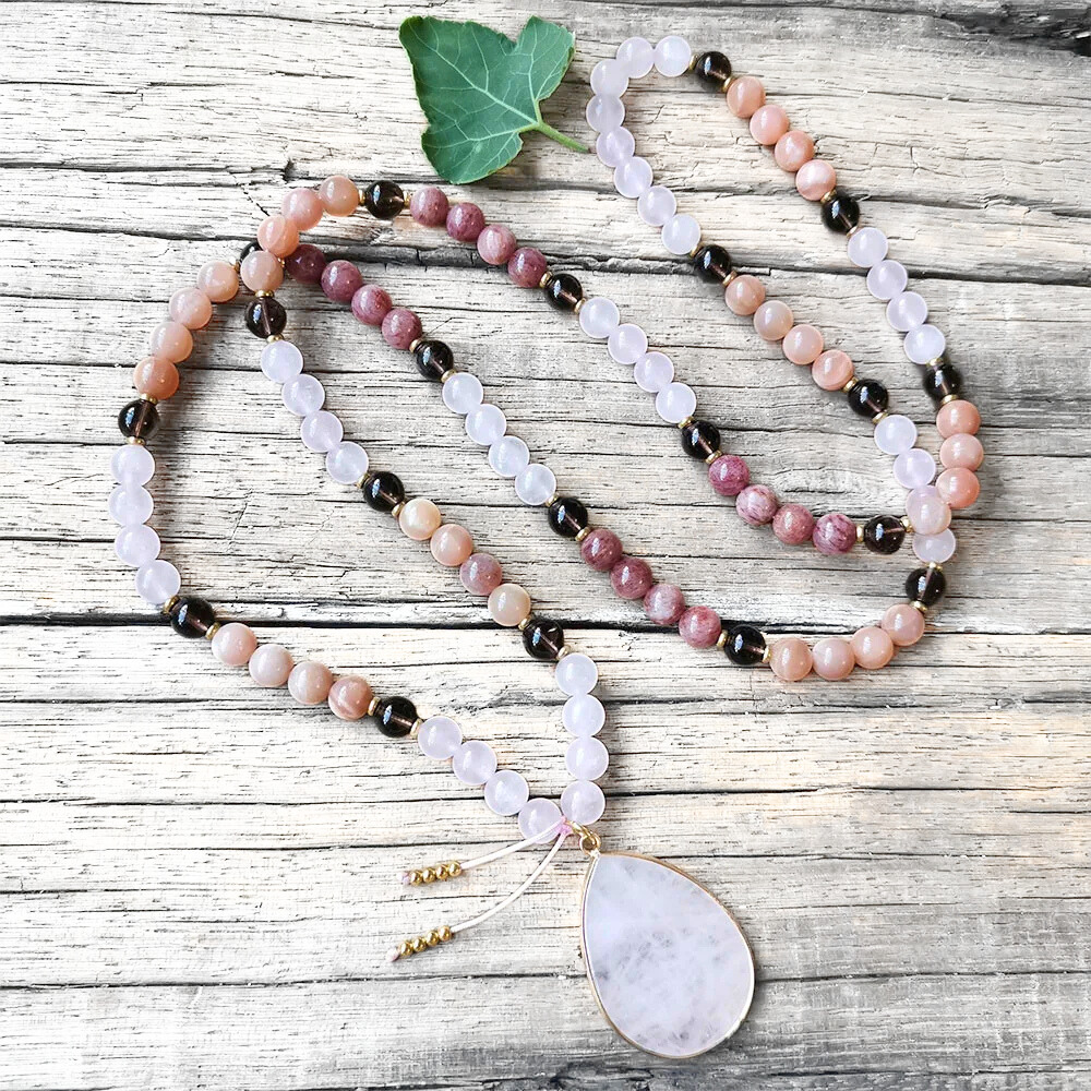 Rose Quartz, Sunstone, Strawberry Quartz & Smoky Quartz Mala Necklace  – Emotional Balance & Inner Strength