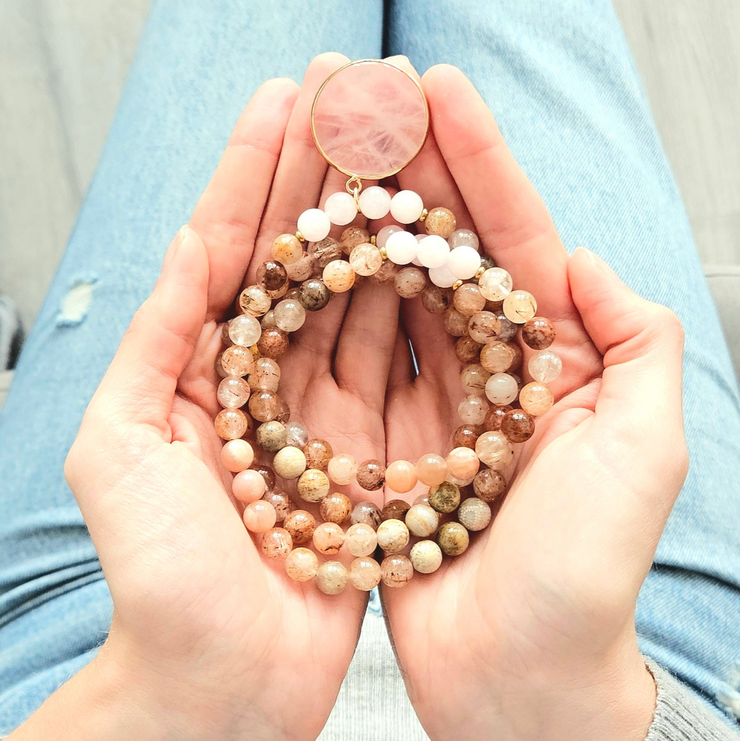 Sunstone, Coral Jade, Rutilated Quartz and Rose Quartz Mala Necklace – Love & Vitality