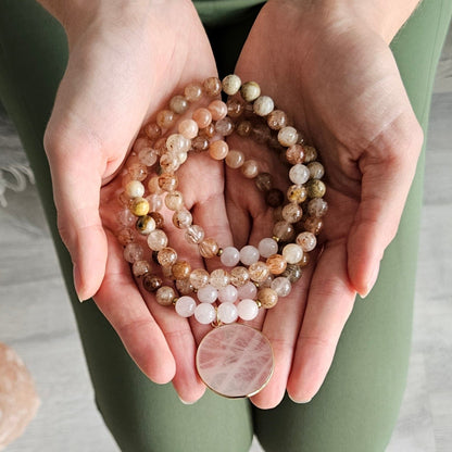 Sunstone, Coral Jade, Rutilated Quartz and Rose Quartz Mala Necklace – Love & Vitality