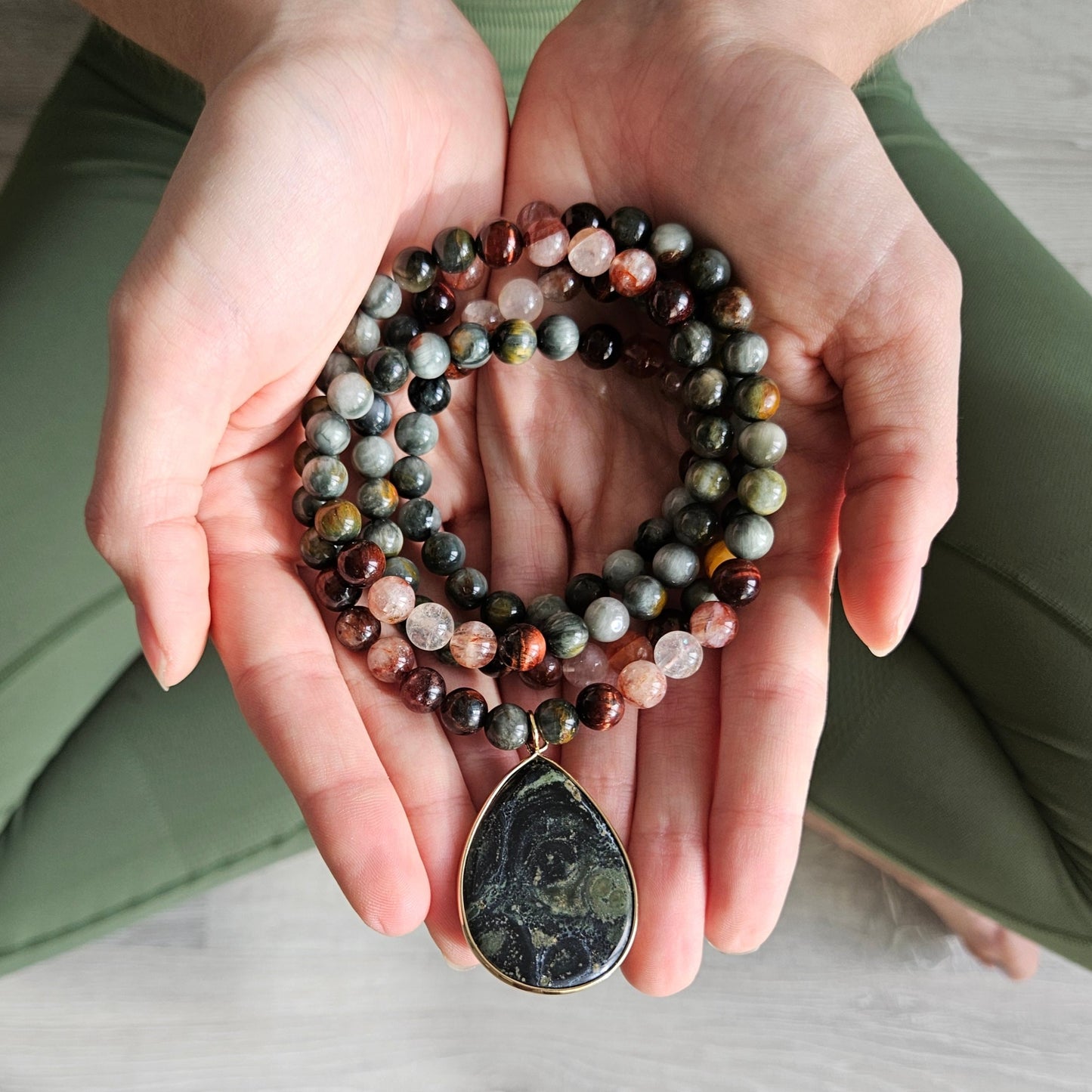 Red Tiger Eye, Fire Quartz, and Green Eagle Eye Mala Bead Necklace – Grounding & Vitality